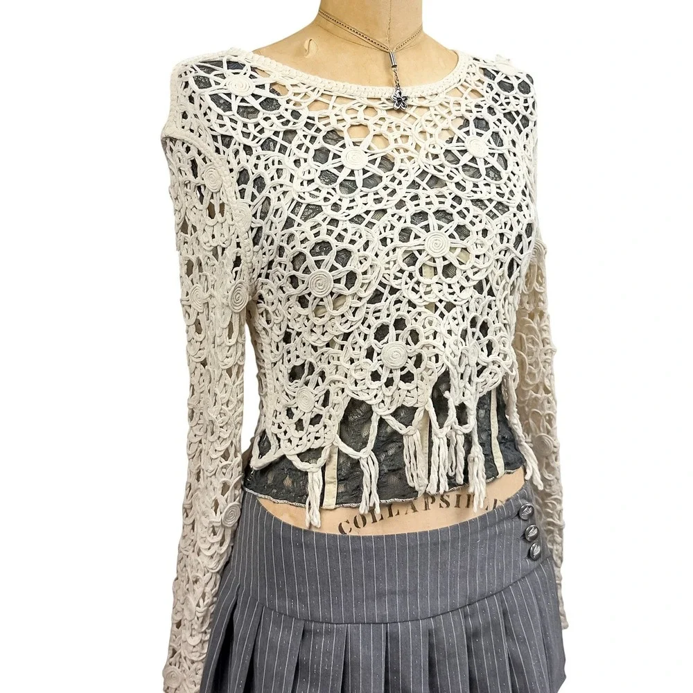 Boho Cream Crochet Fringe Sweater Top Long Sleeve Open Knit Elevated S Coastal